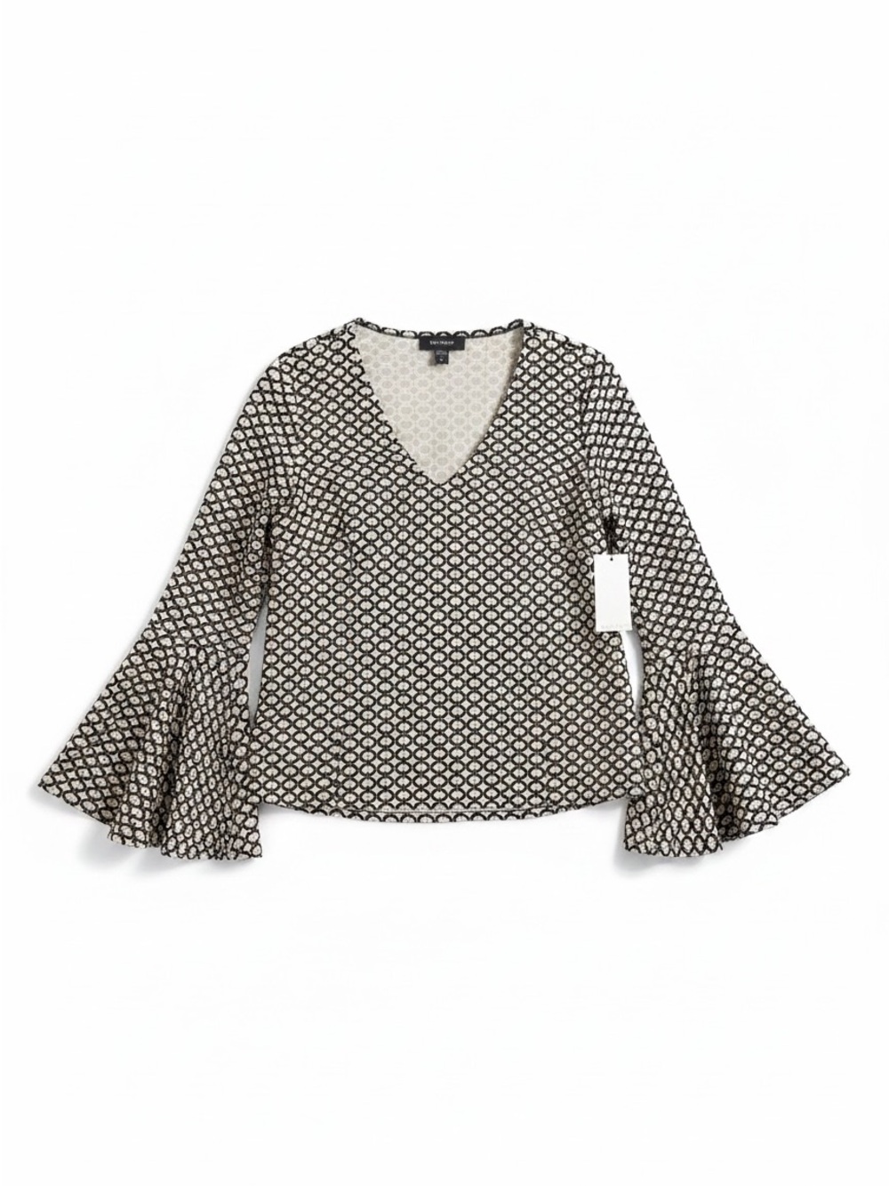 Karen Kane Bell-Sleeve Top Womens L Black White NWT Geometric Knit V-Neck Blouse